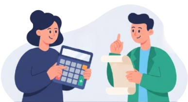 Illustration of two professionals working together on bookkeeping and compliance tasks, with one person sitting at a desk reviewing financial charts on a computer and another standing beside holding a folder with a checkmark, symbolizing accuracy and organization in accounting