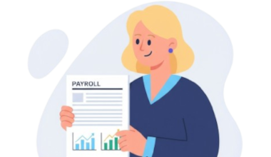 Payroll and superannuation services illustration with financial document and employee icon representing payroll management