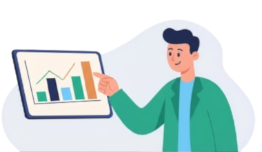 Business reporting illustration showing computer monitor with magnifying glass over bar chart representing data analysis and insights