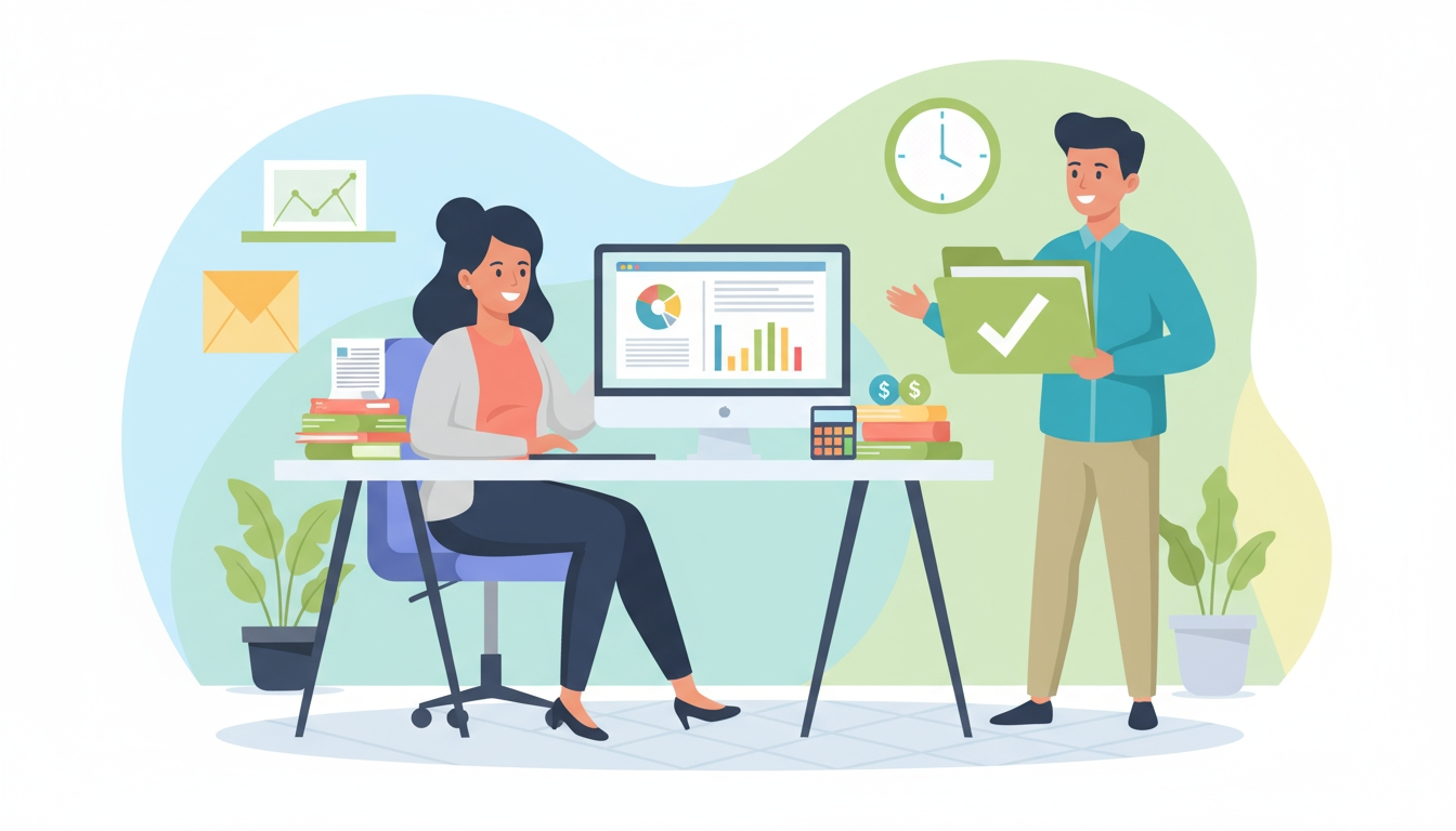 Detailed illustration of a bookkeeper presenting organized financial reports to a business owner across a desk, highlighting accuracy and compliance support.