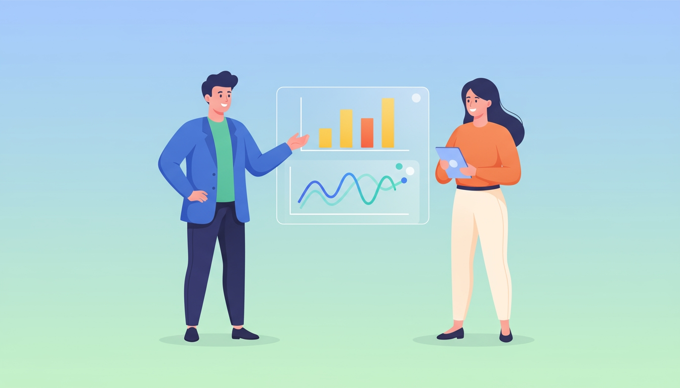 Dashboard-style illustration with charts, graphs, and analytics in a modern office setting, representing in-depth business reporting and insights.