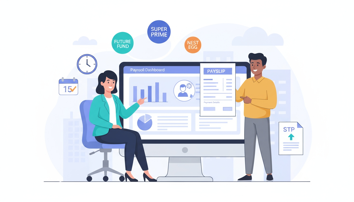 Illustration of payroll specialists reviewing payslips and superannuation contributions on a large screen, emphasizing accurate employee payments and compliance.
