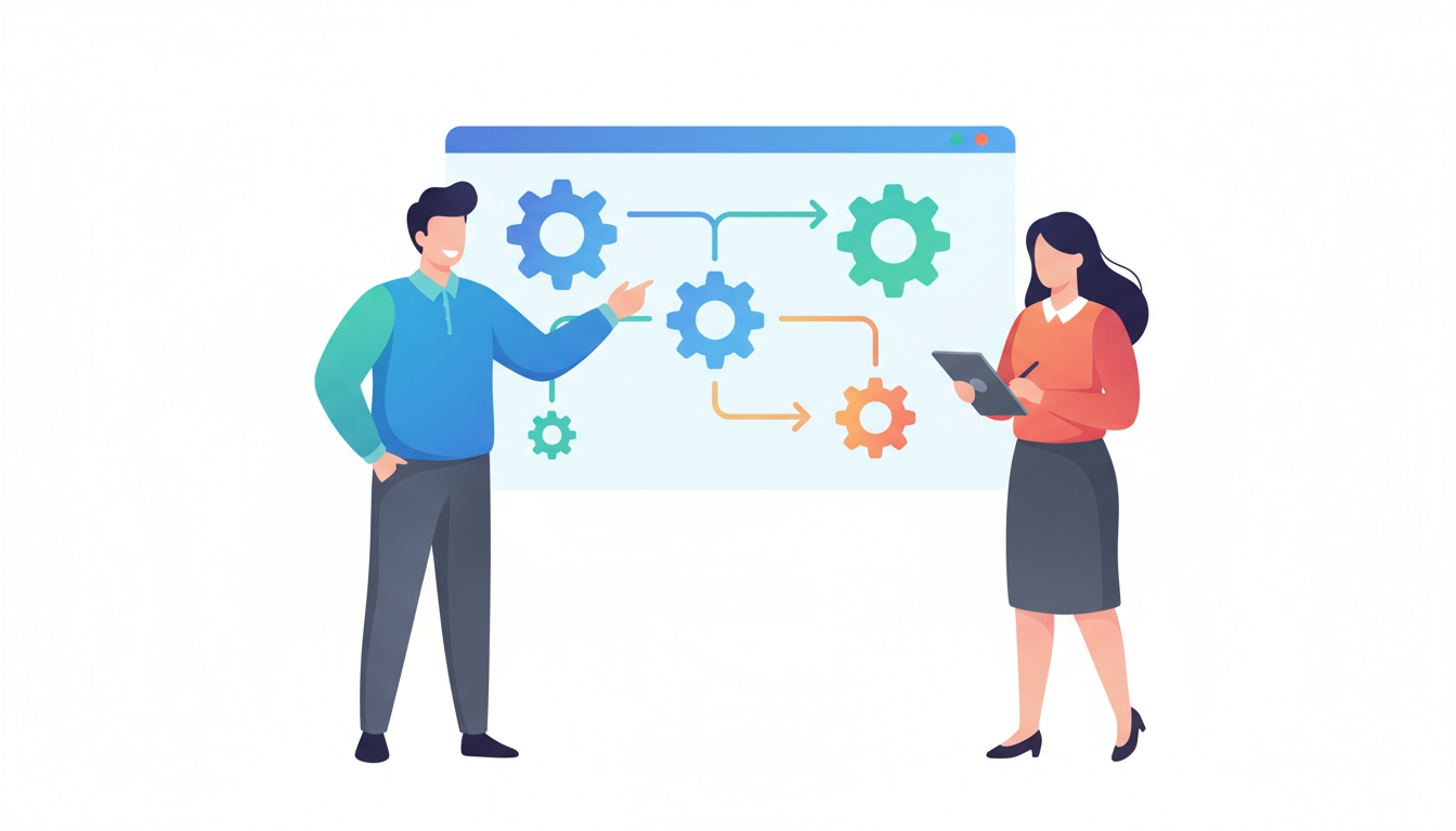 Illustration of consultants configuring accounting software across multiple devices with gears and progress indicators, showing streamlined system setup and training.