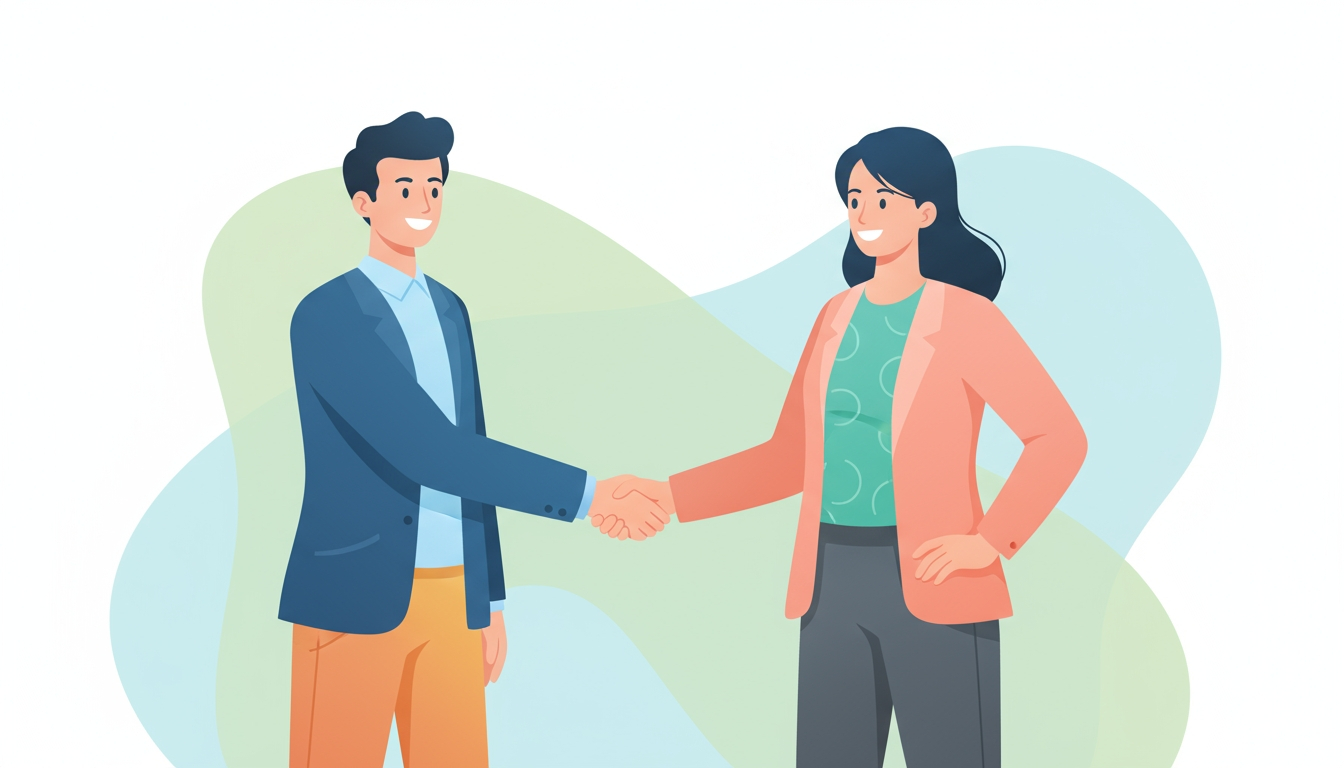 Illustration of two professionals standing and shaking hands, symbolizing collaboration, trust, and partnership in a business setting