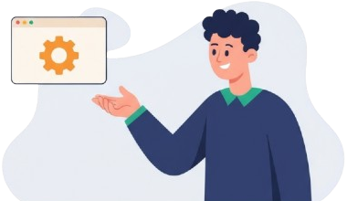 Software setup illustration with laptop displaying gears and process arrows representing system configuration and automation